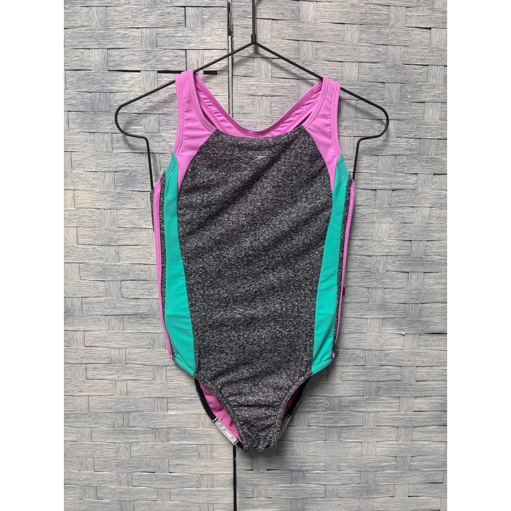 NWT Speedo Girls 14 One Piece Swimsuit Grey Pink Teal Colorblock Racerback